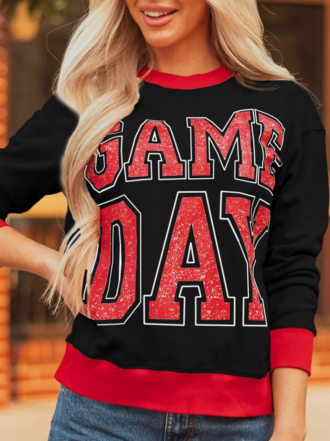 GAME DAY Letter Graphic Varsity Striped Detail Baggy Sweatshirt