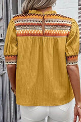 Geometric Frill Mock Neck Short Sleeve Blouse