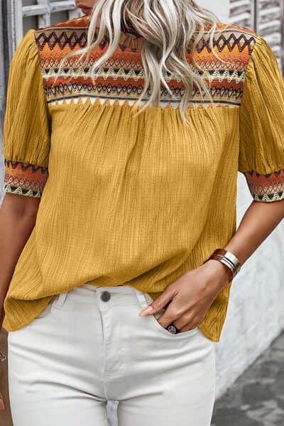 Geometric Frill Mock Neck Short Sleeve Blouse Mustard / S