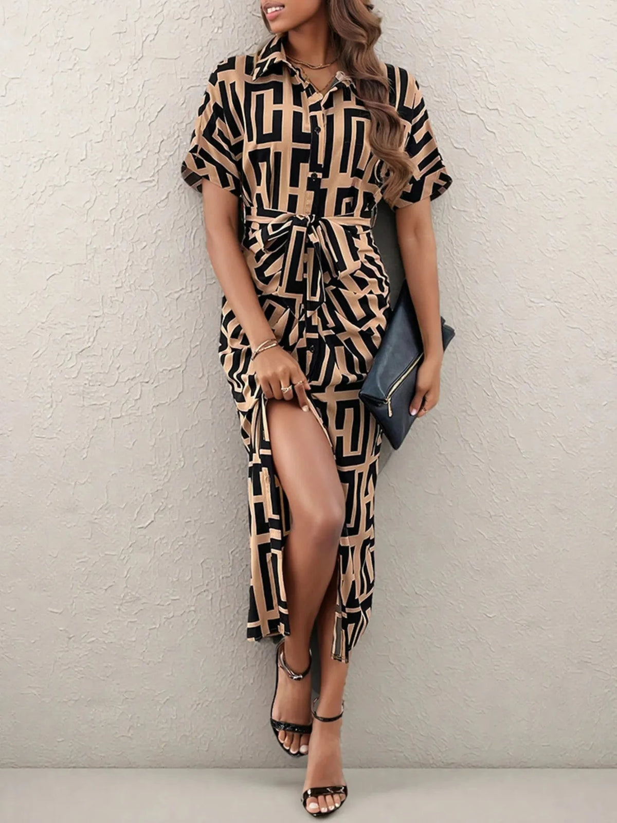Geometric Print Belted Midi Dress Caramel / S