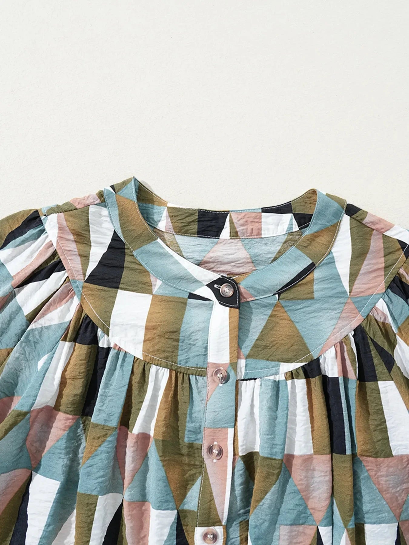 Geometric Print Buttoned Balloon Sleeve Loose Fit Shirt