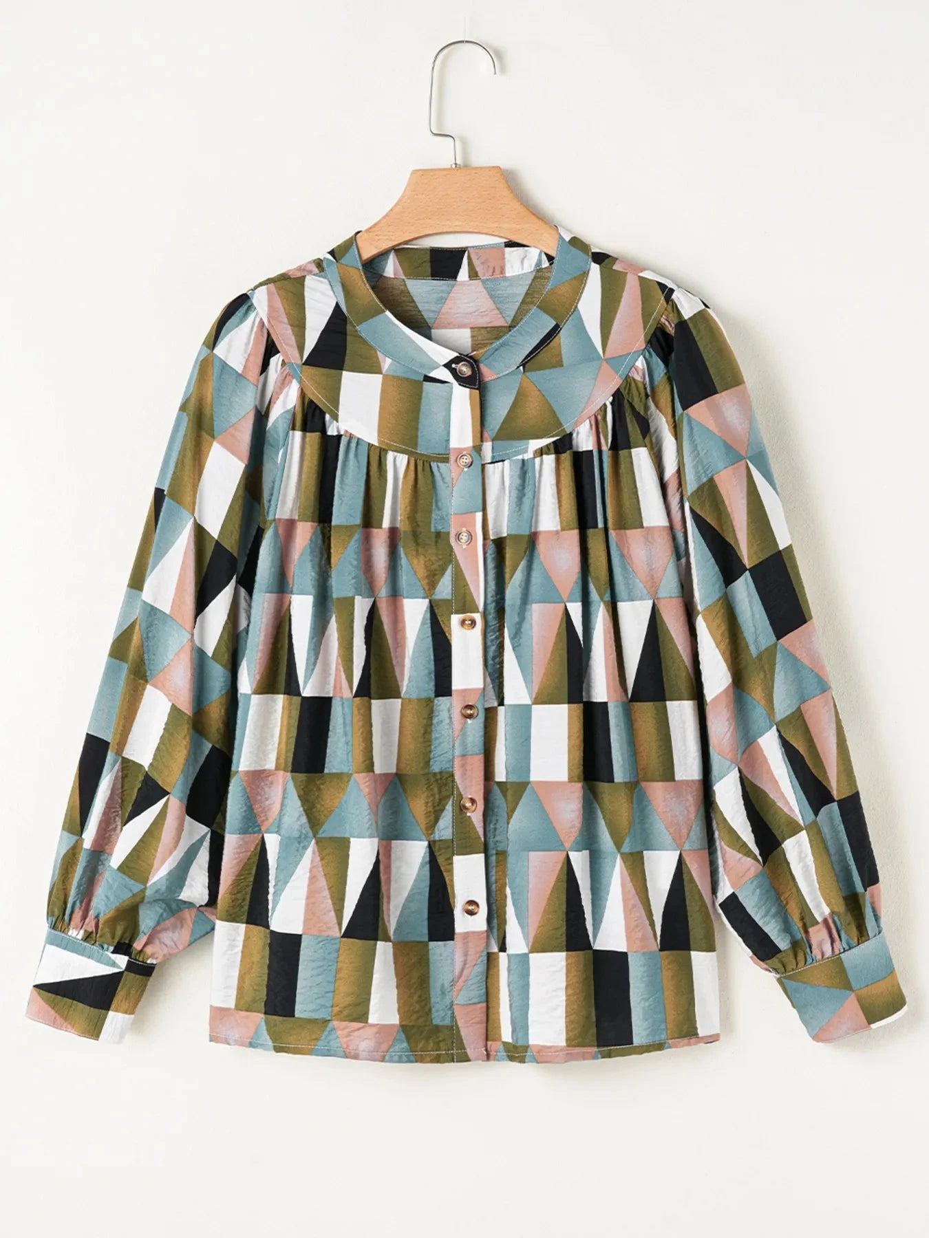 Geometric Print Buttoned Balloon Sleeve Loose Fit Shirt