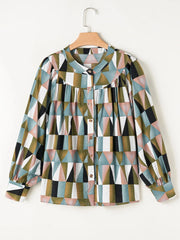 Geometric Print Buttoned Balloon Sleeve Loose Fit Shirt