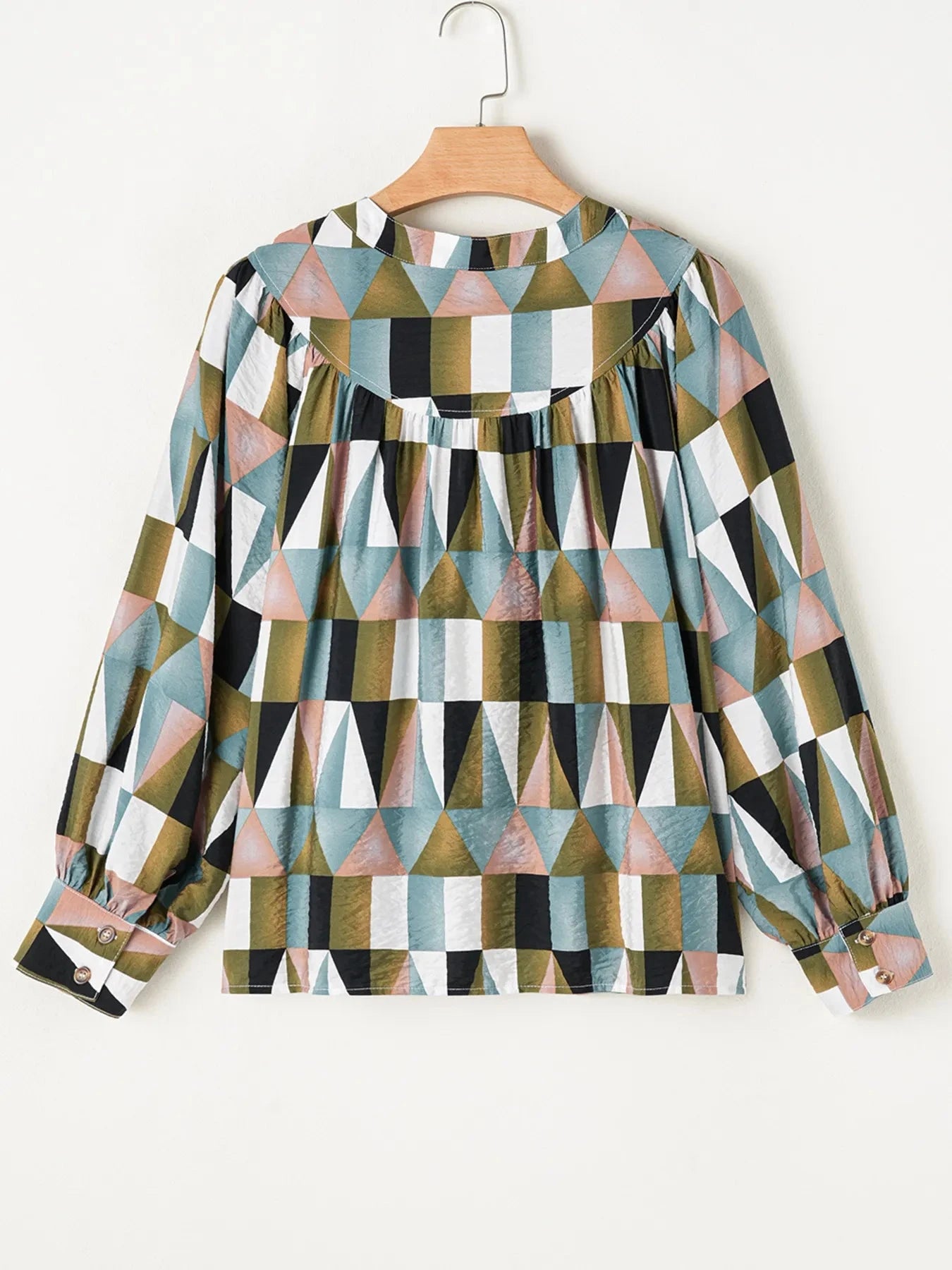 Geometric Print Buttoned Balloon Sleeve Loose Fit Shirt