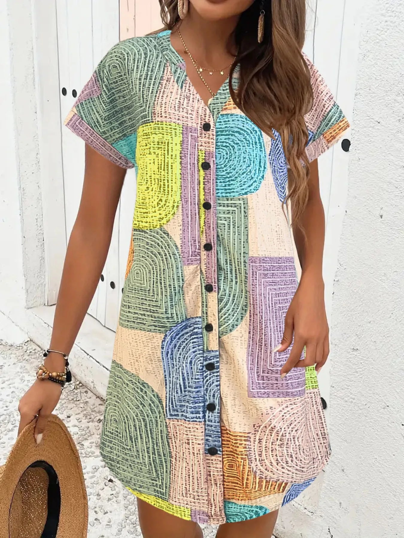 Geometric V-Neck Short Sleeve Button-Front Dress Green / S