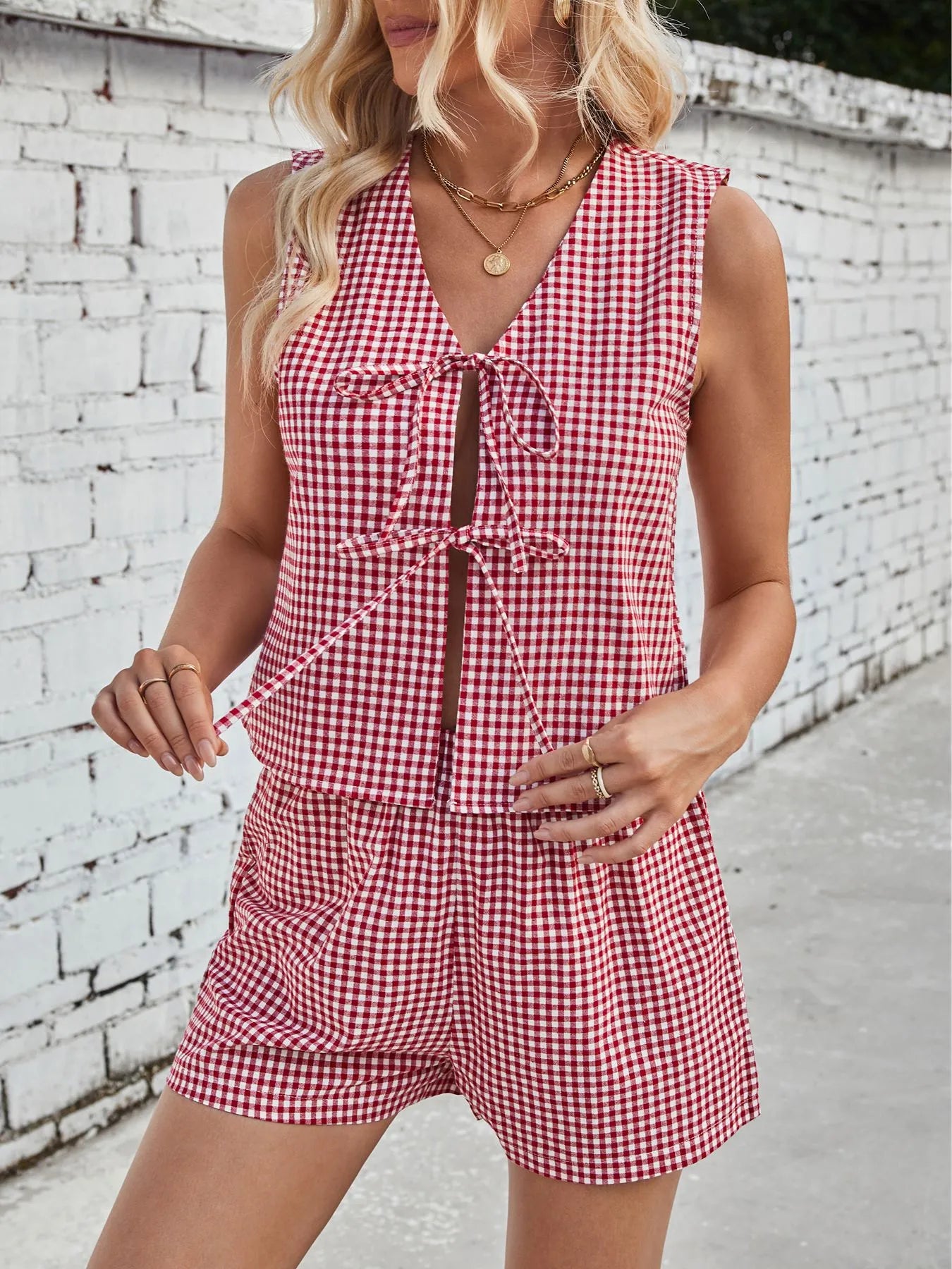 Gingham Print Tie Front Top and Shorts Set Red / S