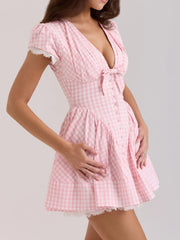 Gingham Ruffle Mini Dress with Lace Trim