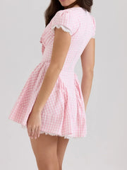 Gingham Ruffle Mini Dress with Lace Trim