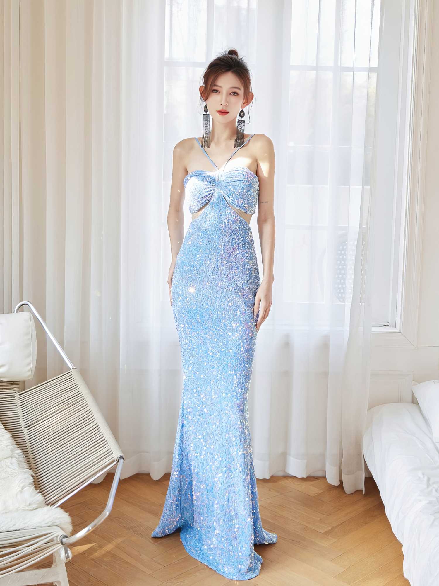 Glittering Sequin Fitted Evening Gown