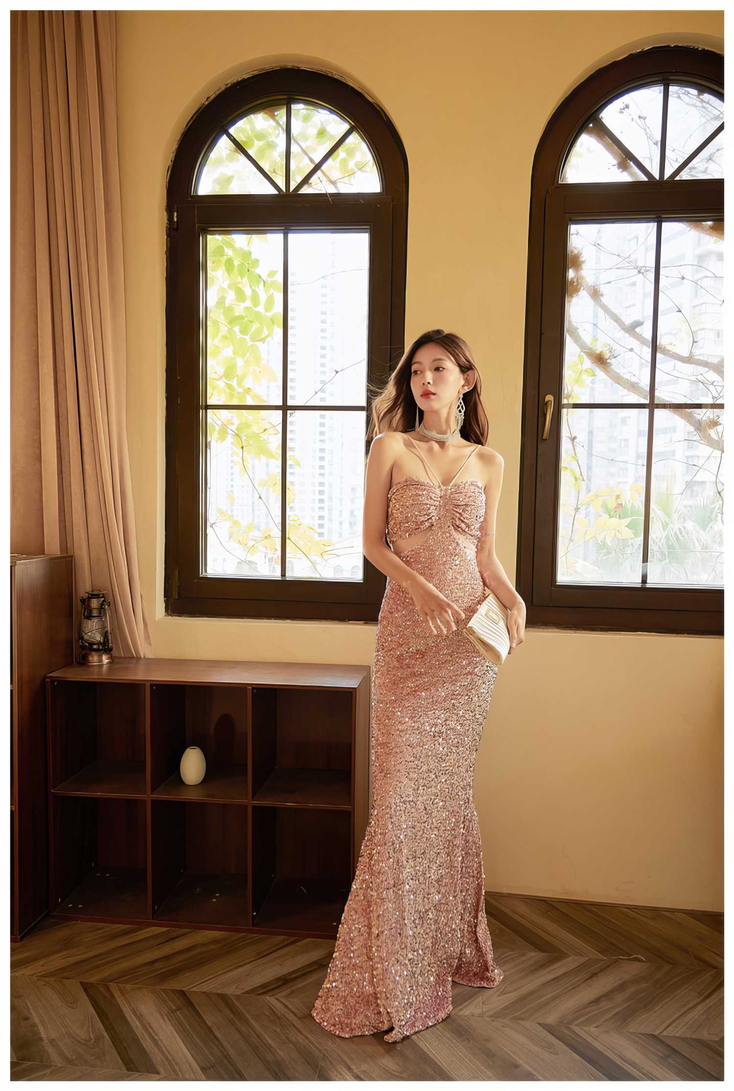 Glittering Sequin Fitted Evening Gown