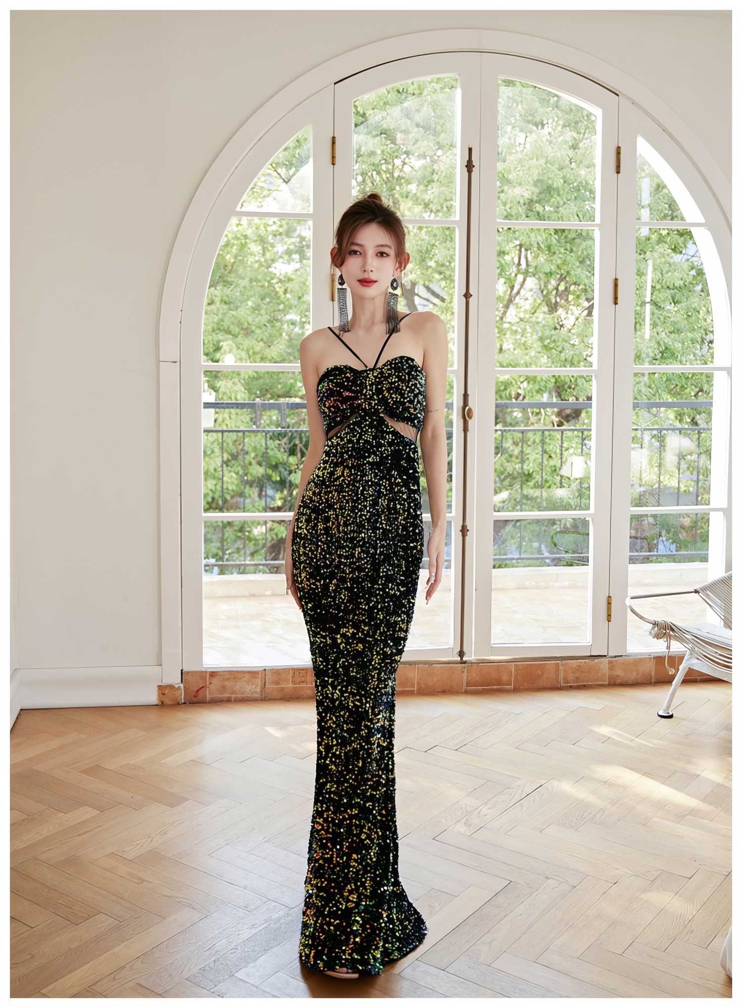 Glittering Sequin Fitted Evening Gown S / Multicolor