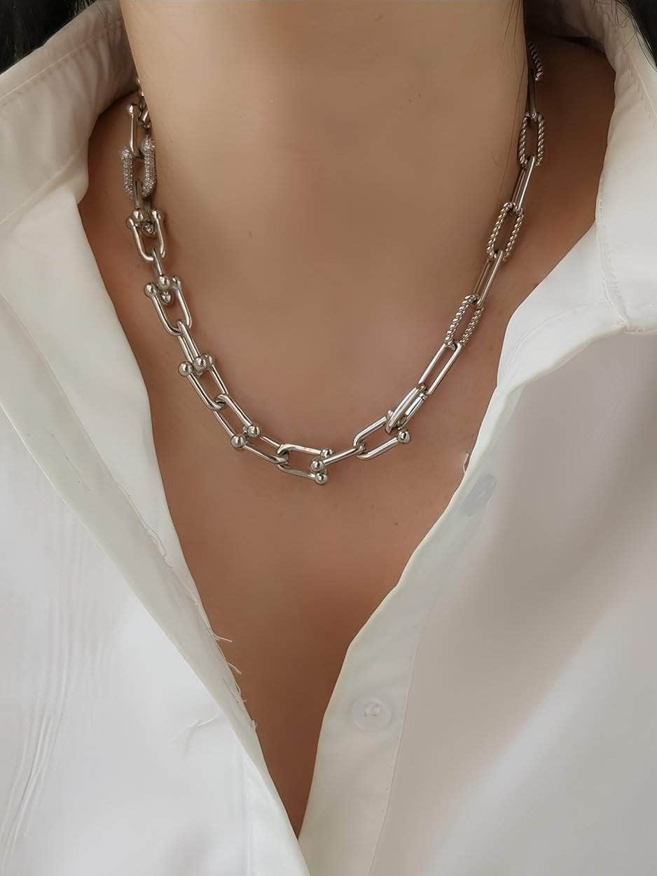 Gold Alternating Link Collar Rhinestone Accented Necklace
