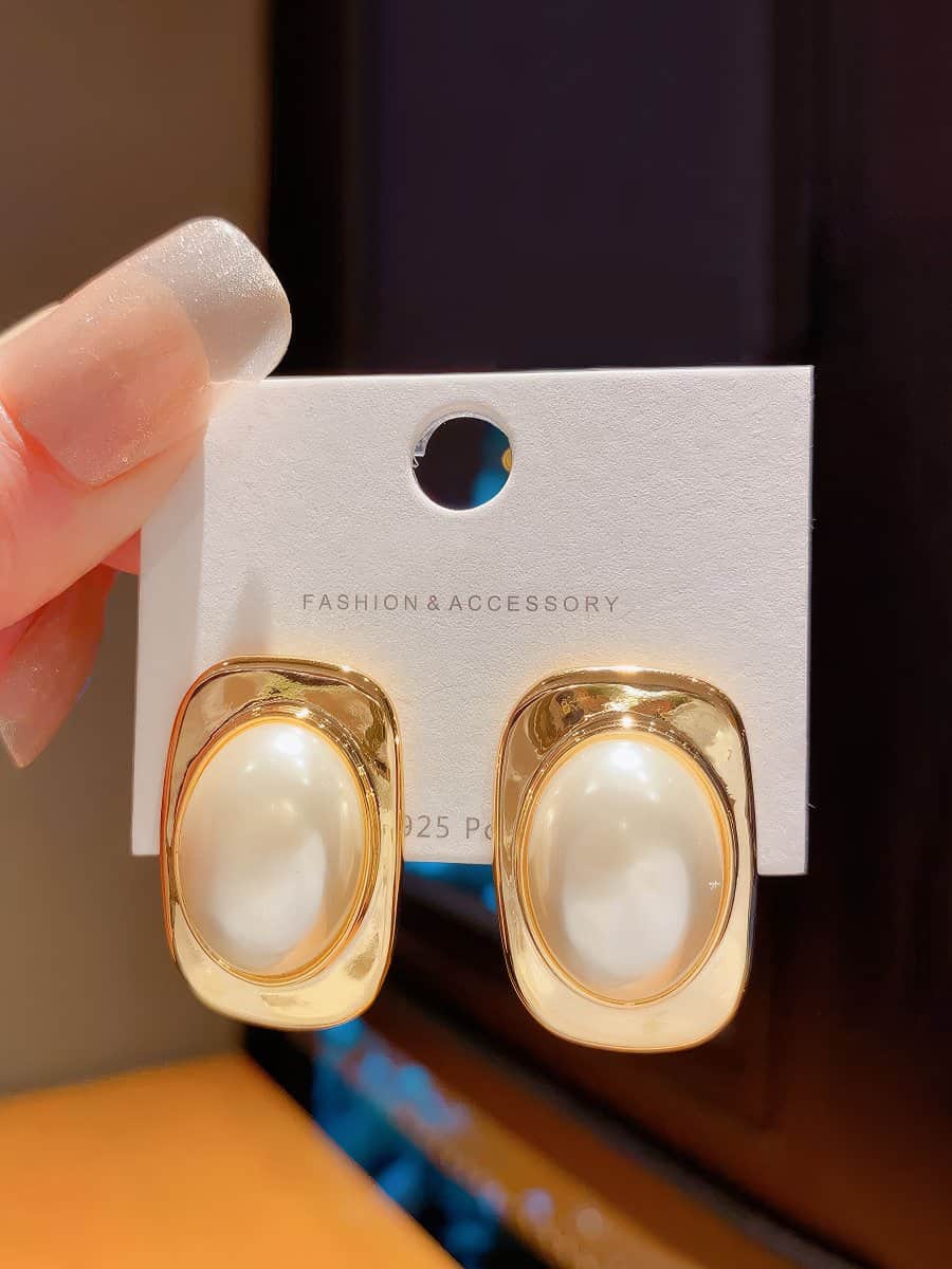 Gold and Pearl Square Stud Earrings Gold