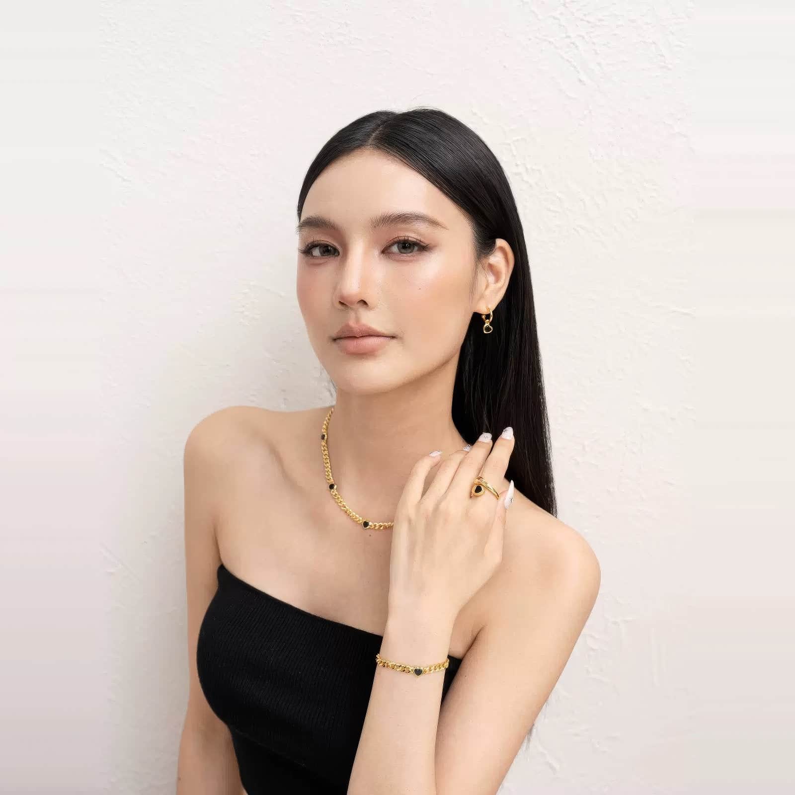 Gold Chunky Curb Chain Bracelet with Black Heart Detail Bracelet