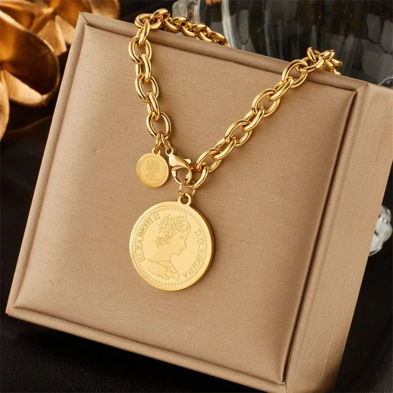 Gold Color Round Portrait Coin Necklace N1763