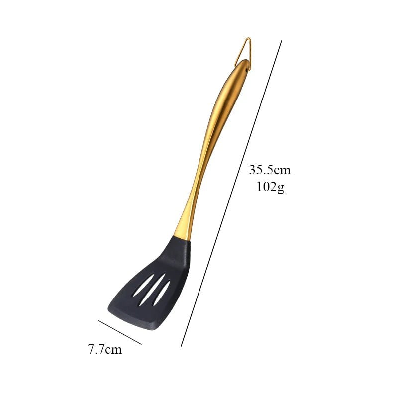 Gold Cooking Tool Set: Silicone Head Kitchenware with Stainless Steel Handle - Soup Ladle, Colander Set, Turner, Serving Spoon 1Pc 4