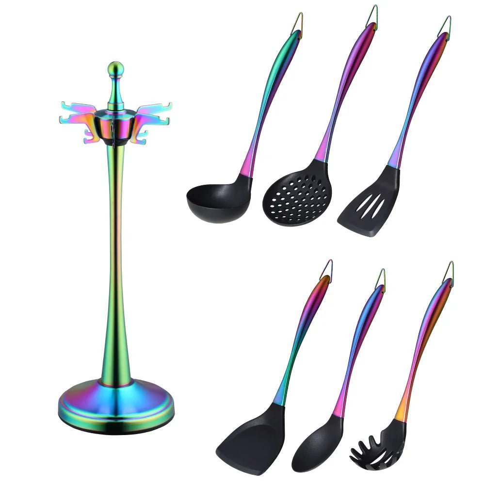 Gold Cooking Tool Set: Silicone Head Kitchenware with Stainless Steel Handle - Soup Ladle, Colander Set, Turner, Serving Spoon B 7pcs-Rainbow NO.0