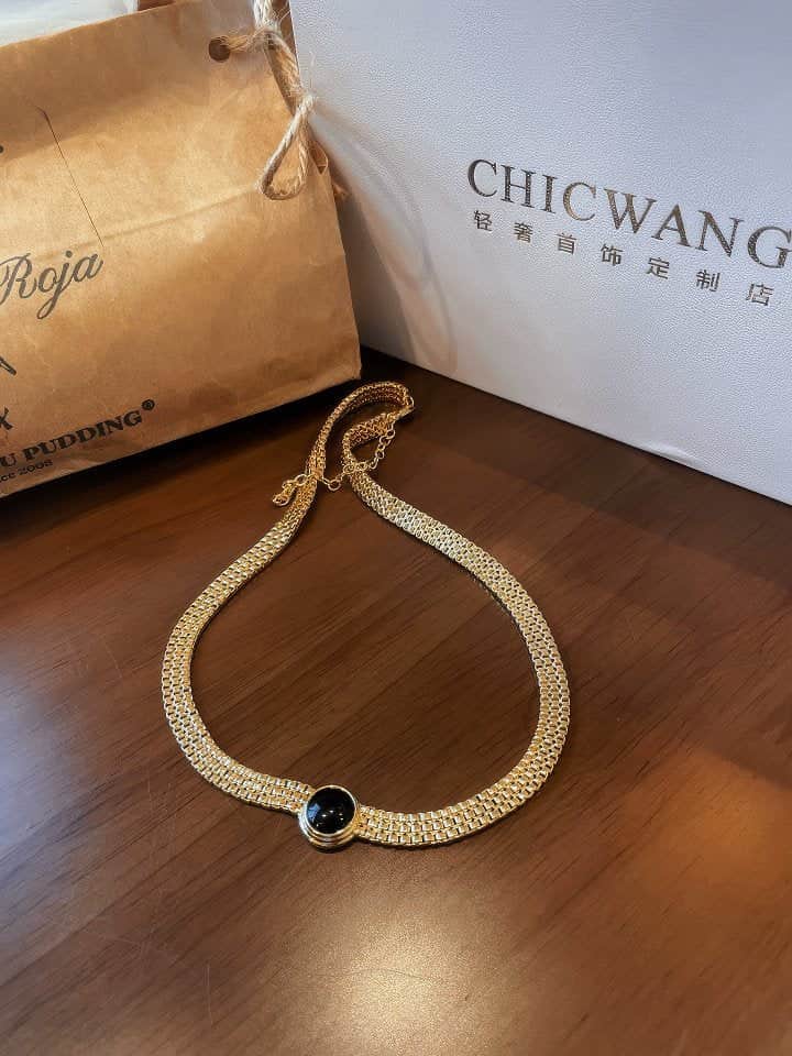 Gold Mesh Choker Necklace with Black Stone Necklace