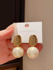 Gold Textured Top Faux Pearl Earrings White