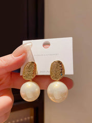 Gold Textured Top Faux Pearl Earrings White