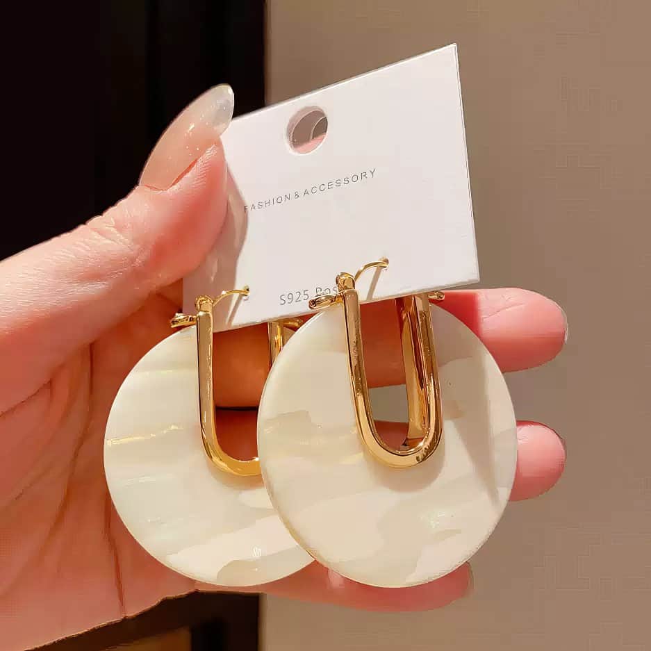 Gold Tone U-Hook Earrings with Shimmering Iridescent Round Disc