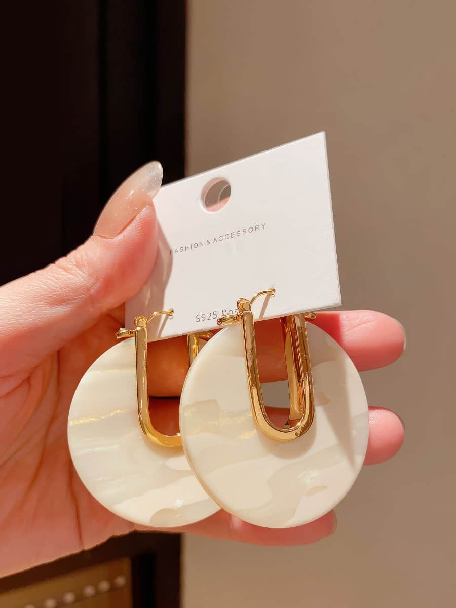 Gold Tone U-Hook Earrings with Shimmering Iridescent Round Disc