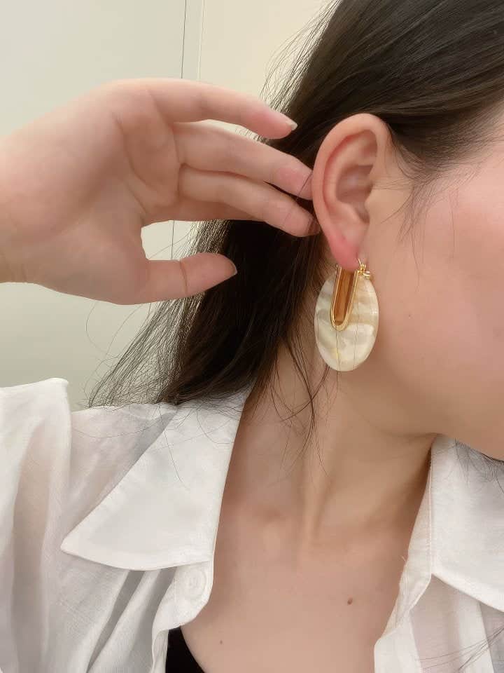 Gold Tone U-Hook Earrings with Shimmering Iridescent Round Disc