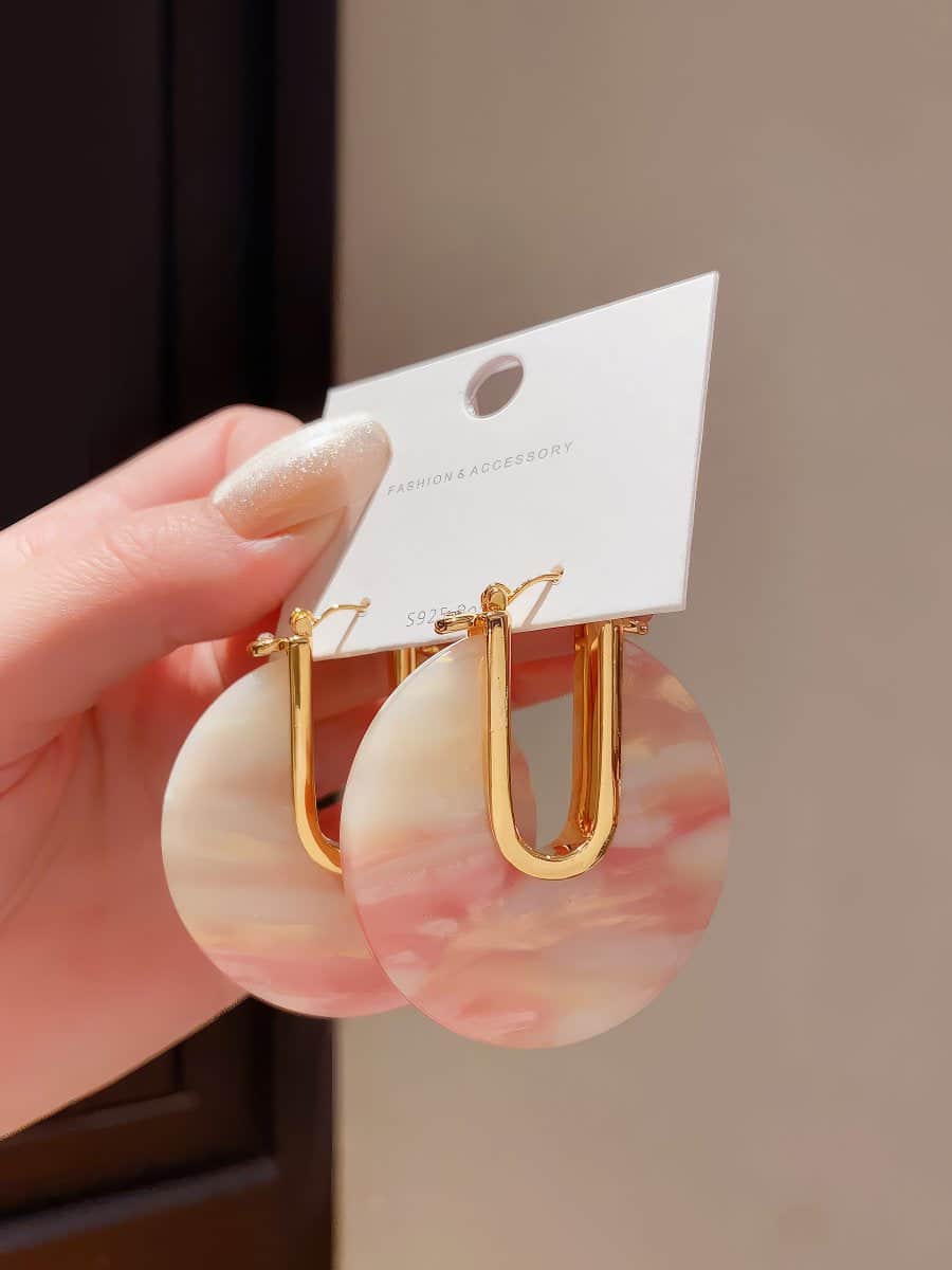 Gold Tone U-Hook Earrings with Shimmering Iridescent Round Disc