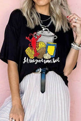 Graphic Round Neck Short Sleeve T-Shirt Black / S