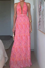 Halter Neck Pleated Maxi Dress Pink / S