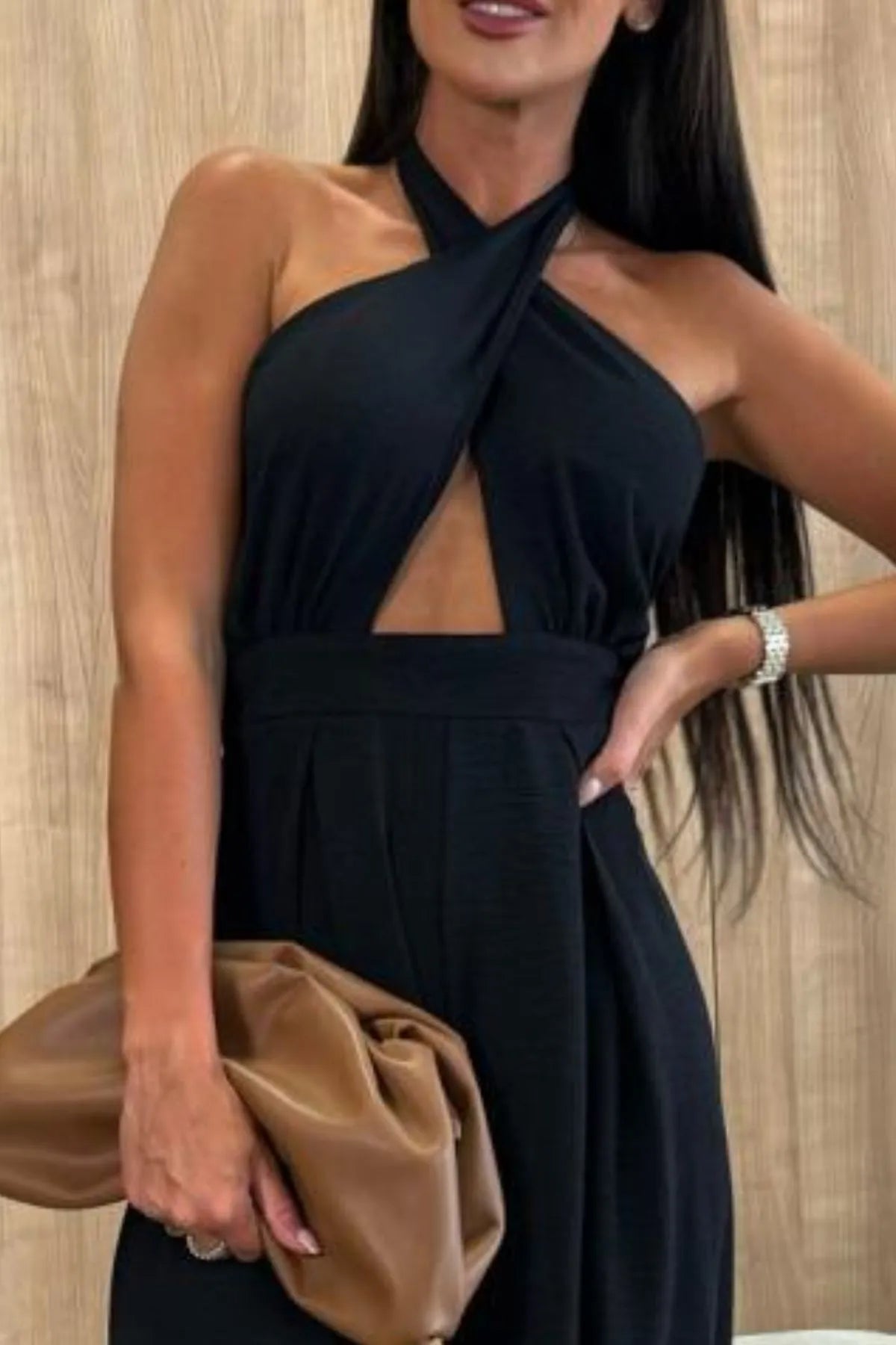 Halter Neck Wide Leg Jumpsuit with Keyhole Detail Black / S