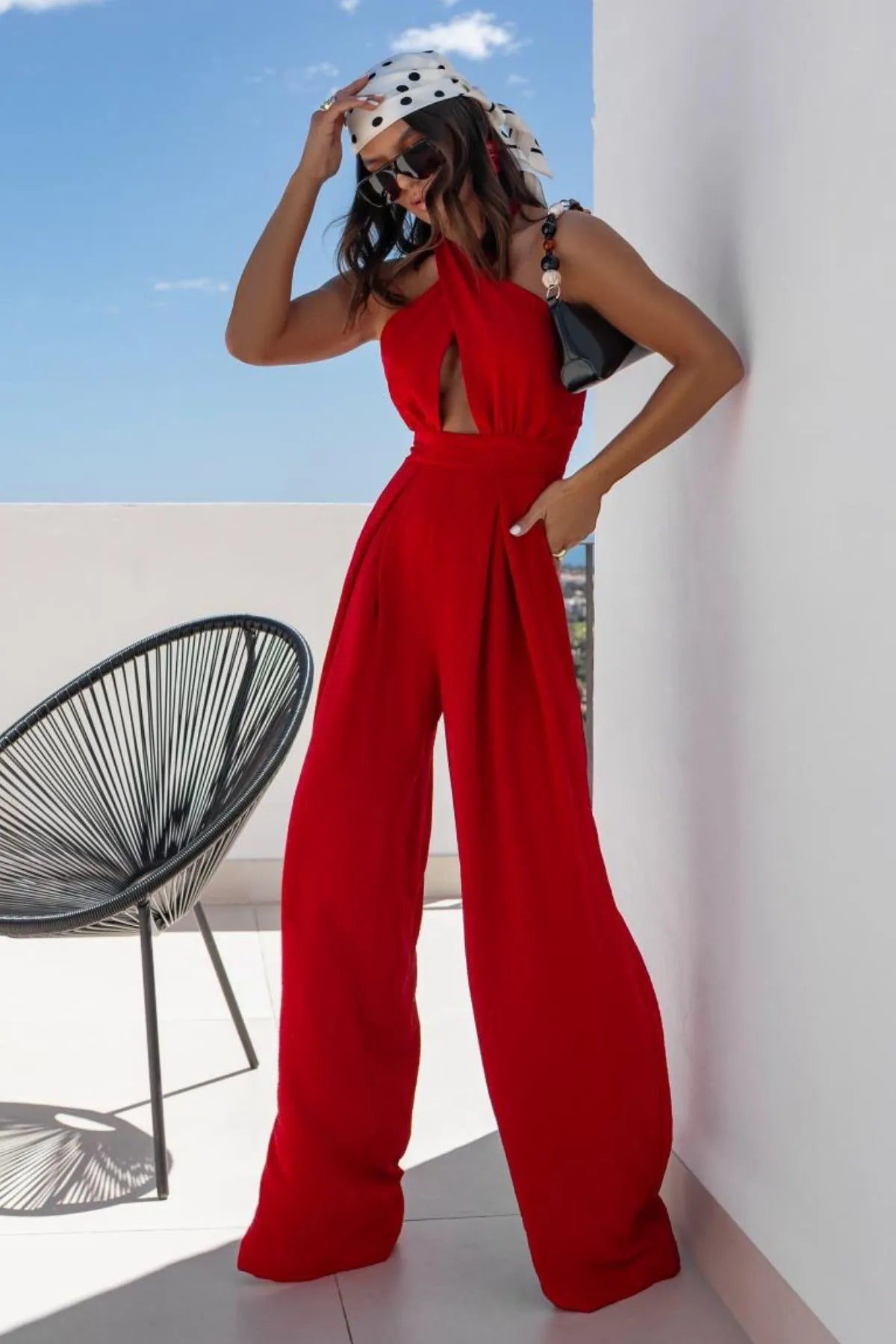 Halter Neck Wide Leg Jumpsuit with Keyhole Detail Red / S
