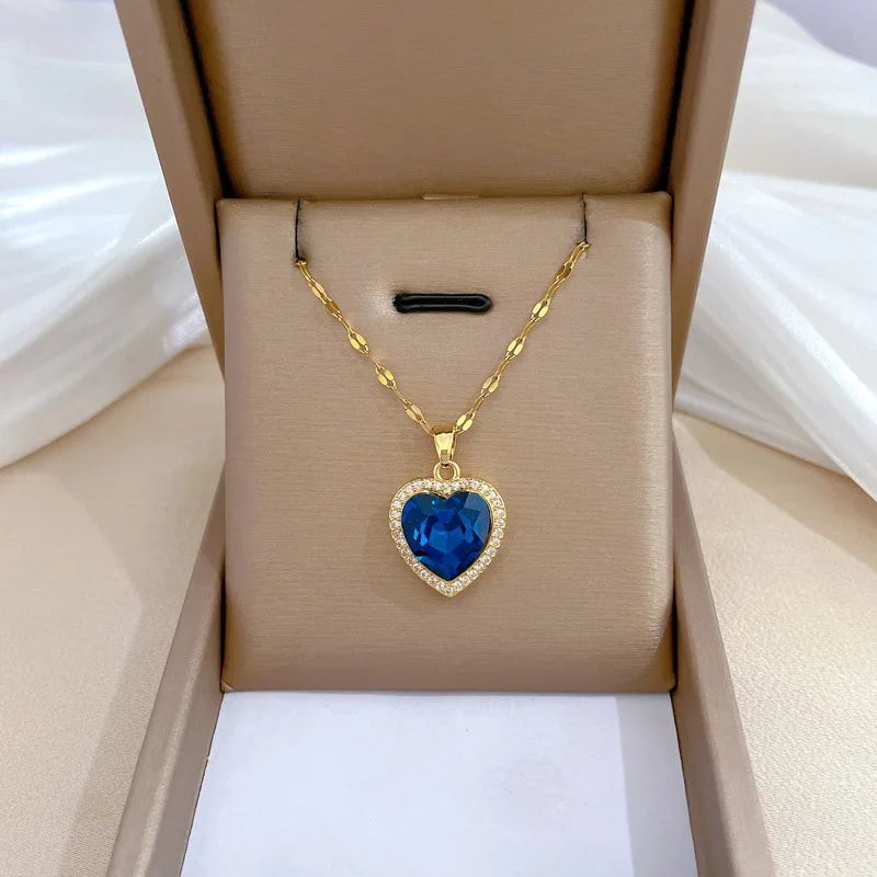 Heart Big Blue Zircon Pendant Necklace - Fashion Clavicle Chain Jewelry for Women and Girls, perfect Birthday Gift N2445