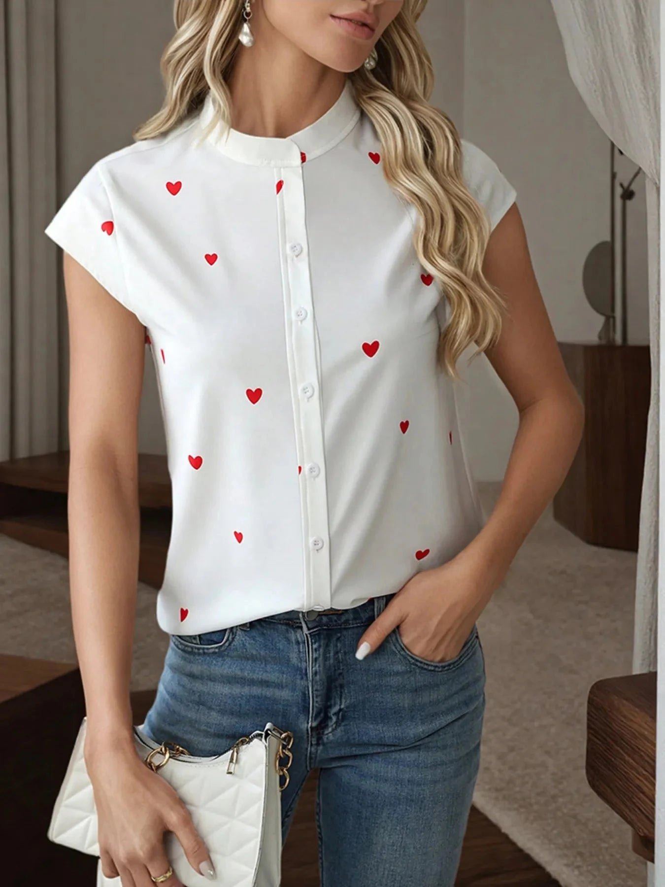 Heart Print Cap Sleeve Button-Up Shirt