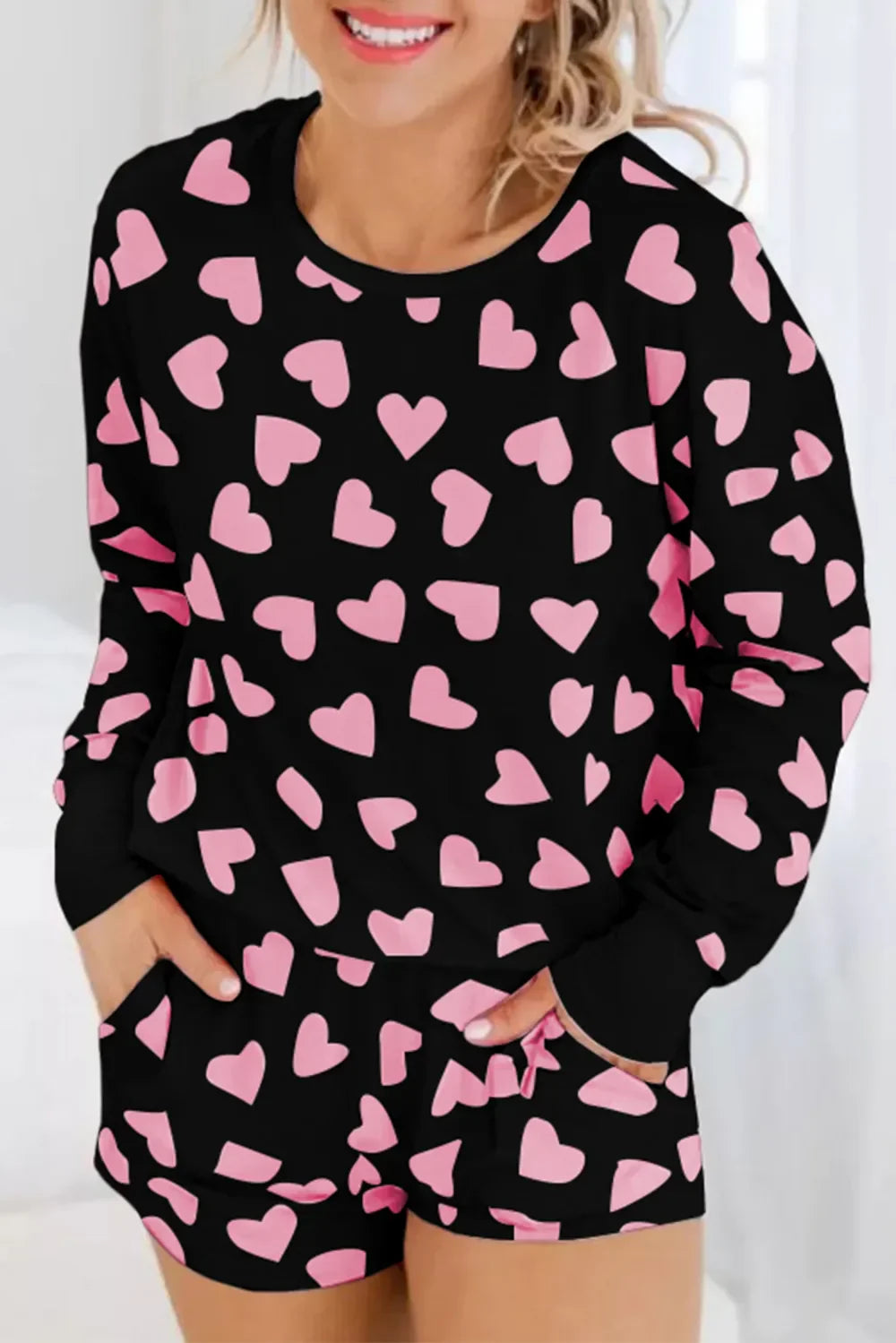 Heart Print Long Sleeve Top and Shorts Lounge Set Black / S