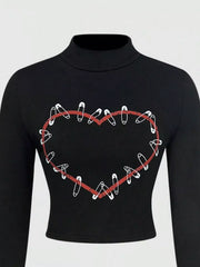 Heart Safety Pin Long Sleeve Crop T-Shirt