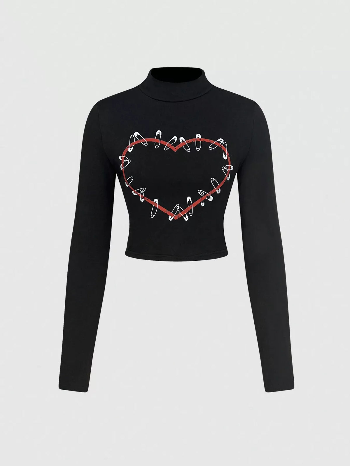 Heart Safety Pin Long Sleeve Crop T-Shirt Black / S