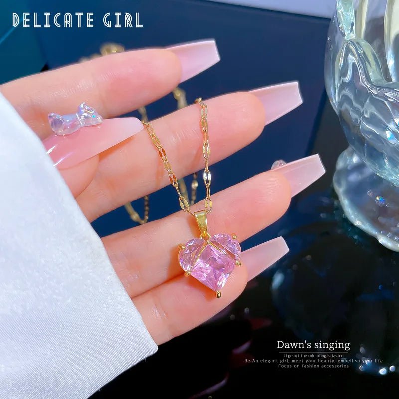 Heart-shaped pink zircon pendant necklace N1877