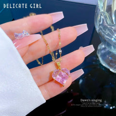 Heart-shaped pink zircon pendant necklace N1877