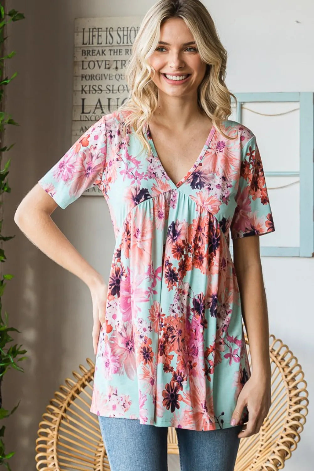 Heimish Full Size Floral V-Neck Short Sleeve Babydoll Blouse MINT / S