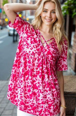 Heimish Full Size Short Sleeve Crisscross Animal Babydoll Top Plus Size Hot Pink / M