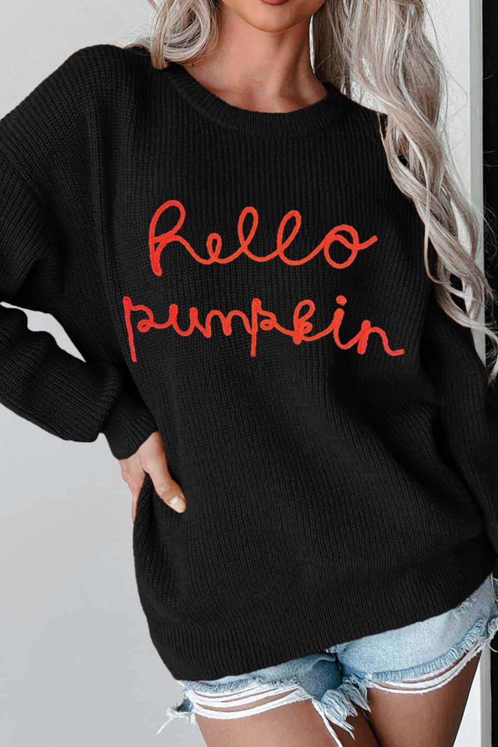 HELLO PUMPKIN Round Neck Long Sleeve Sweater Black / S