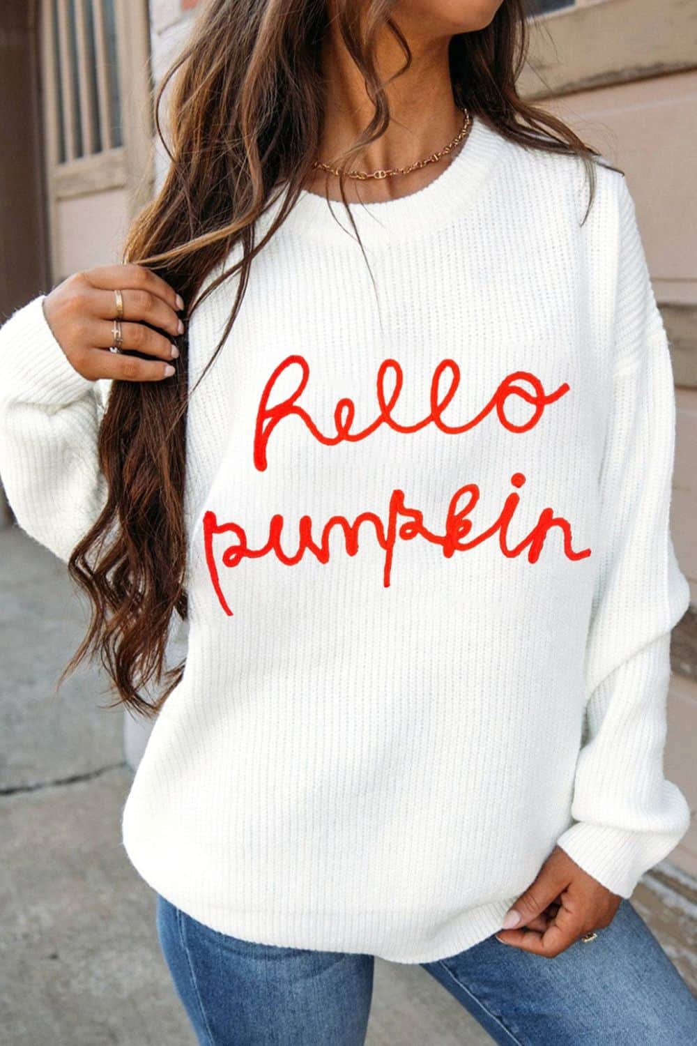 HELLO PUMPKIN Round Neck Long Sleeve Sweater White / S