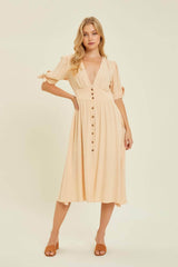 HEYSON Full Size Textured Linen V-Neck Button-Down Midi Dress Cream / S