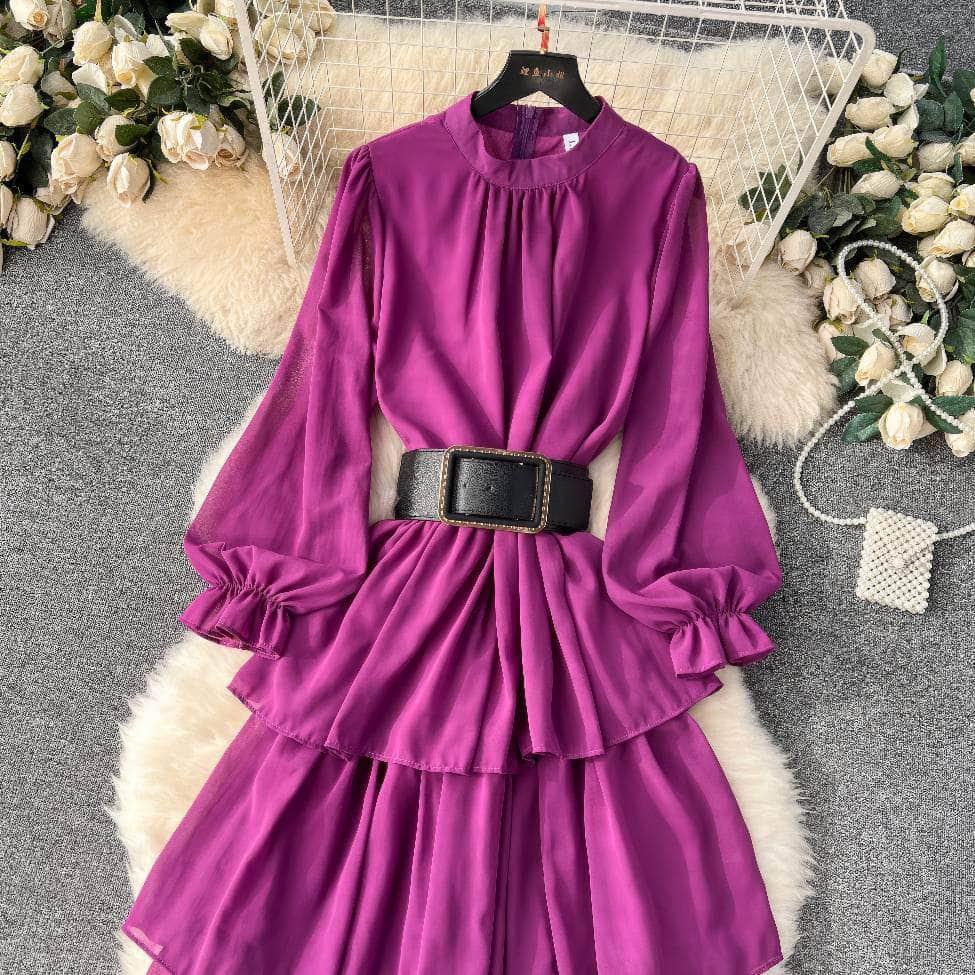 High Collared Lantern Sleeves Pleated Tiered Maxi Dress