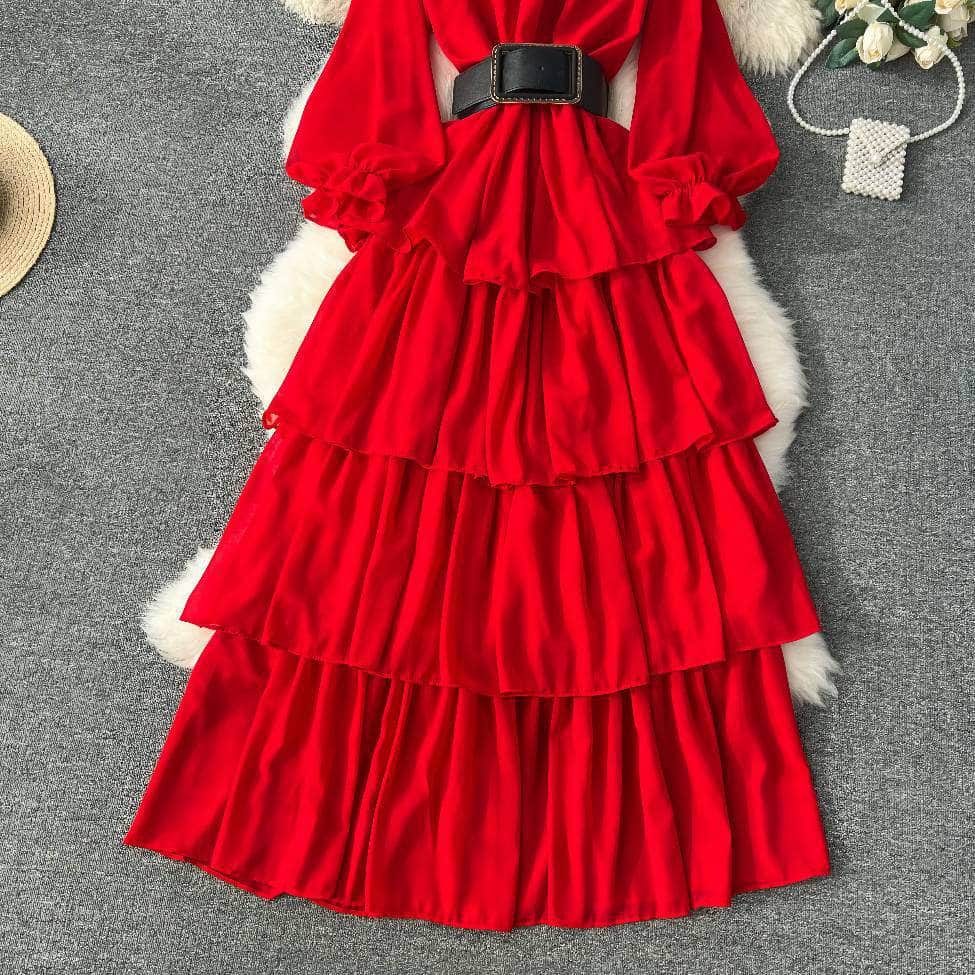 High Collared Lantern Sleeves Pleated Tiered Maxi Dress