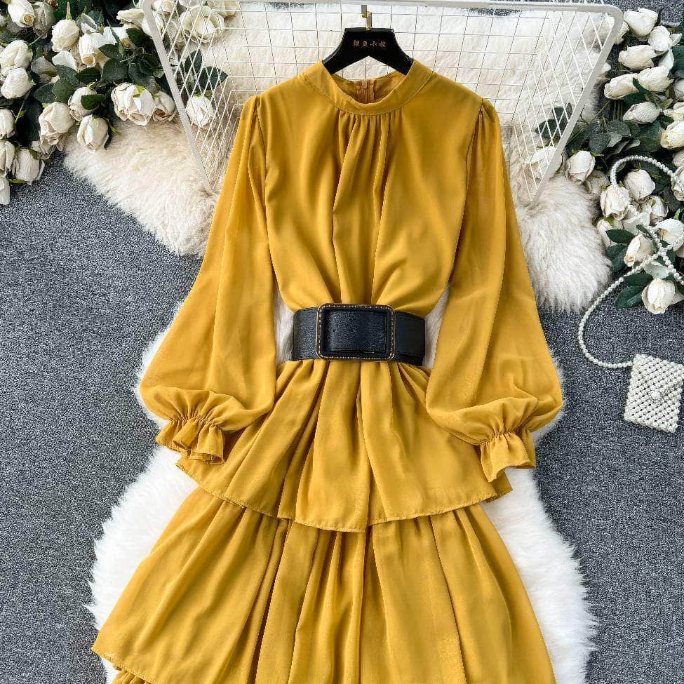 High Collared Lantern Sleeves Pleated Tiered Maxi Dress