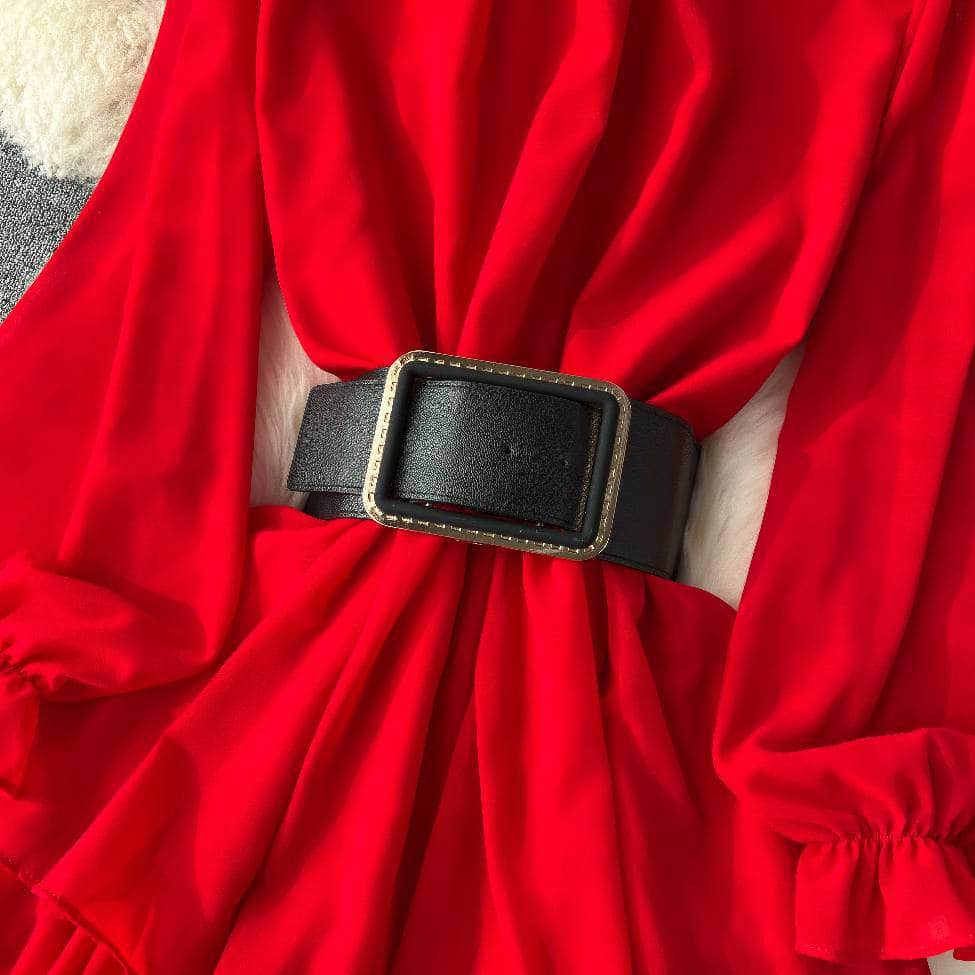 High Collared Lantern Sleeves Pleated Tiered Maxi Dress