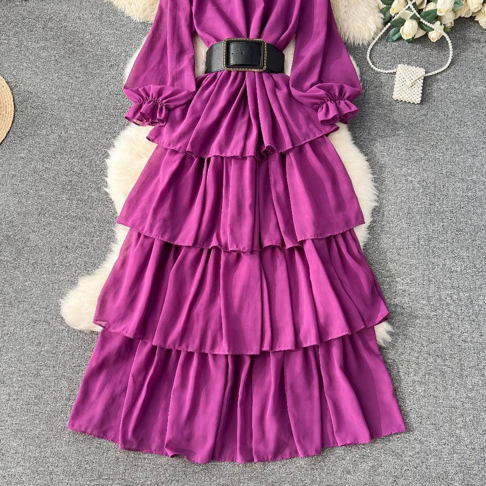 High Collared Lantern Sleeves Pleated Tiered Maxi Dress