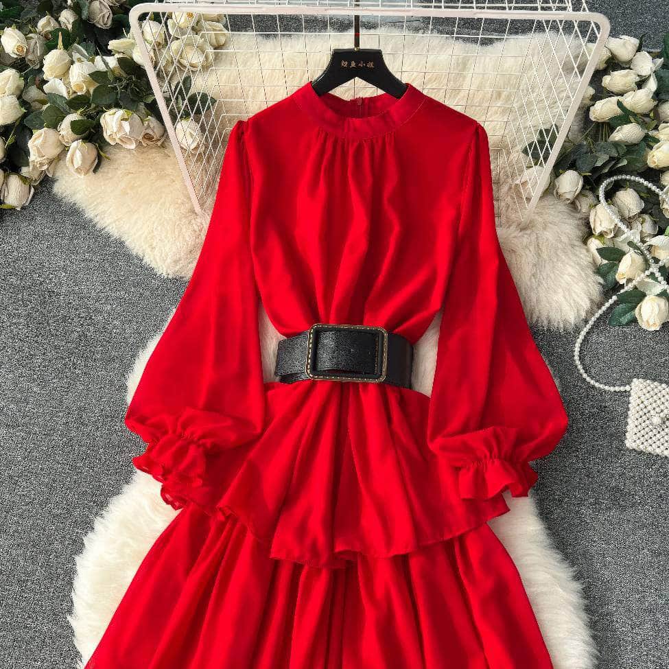 High Collared Lantern Sleeves Pleated Tiered Maxi Dress